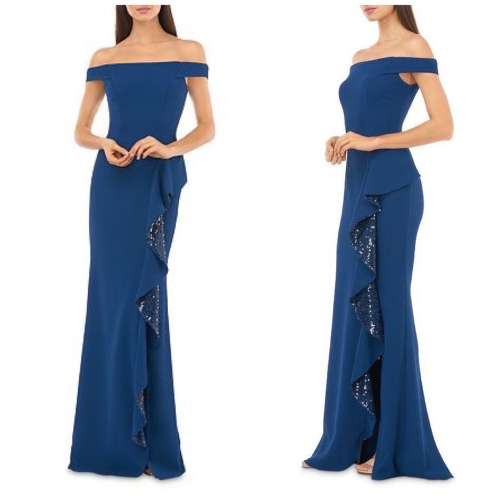 Carmen Marc Valvo Infusion Off-the-Shoulder Ruffle Gown with Sequin Details Sz 8